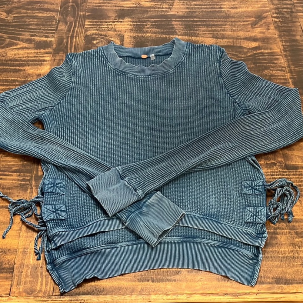 Free People Blue Waffle Tied Sides Sweatshirt